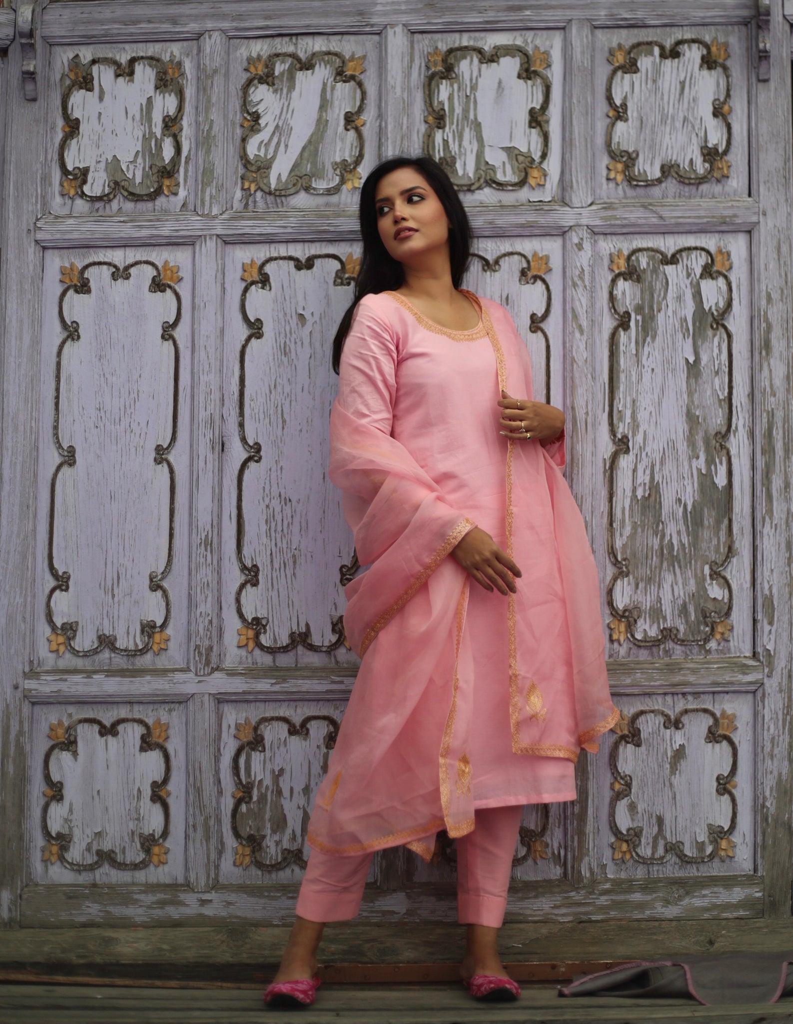 K&M Baby Pink Cotton Silk Tilla Suit Set