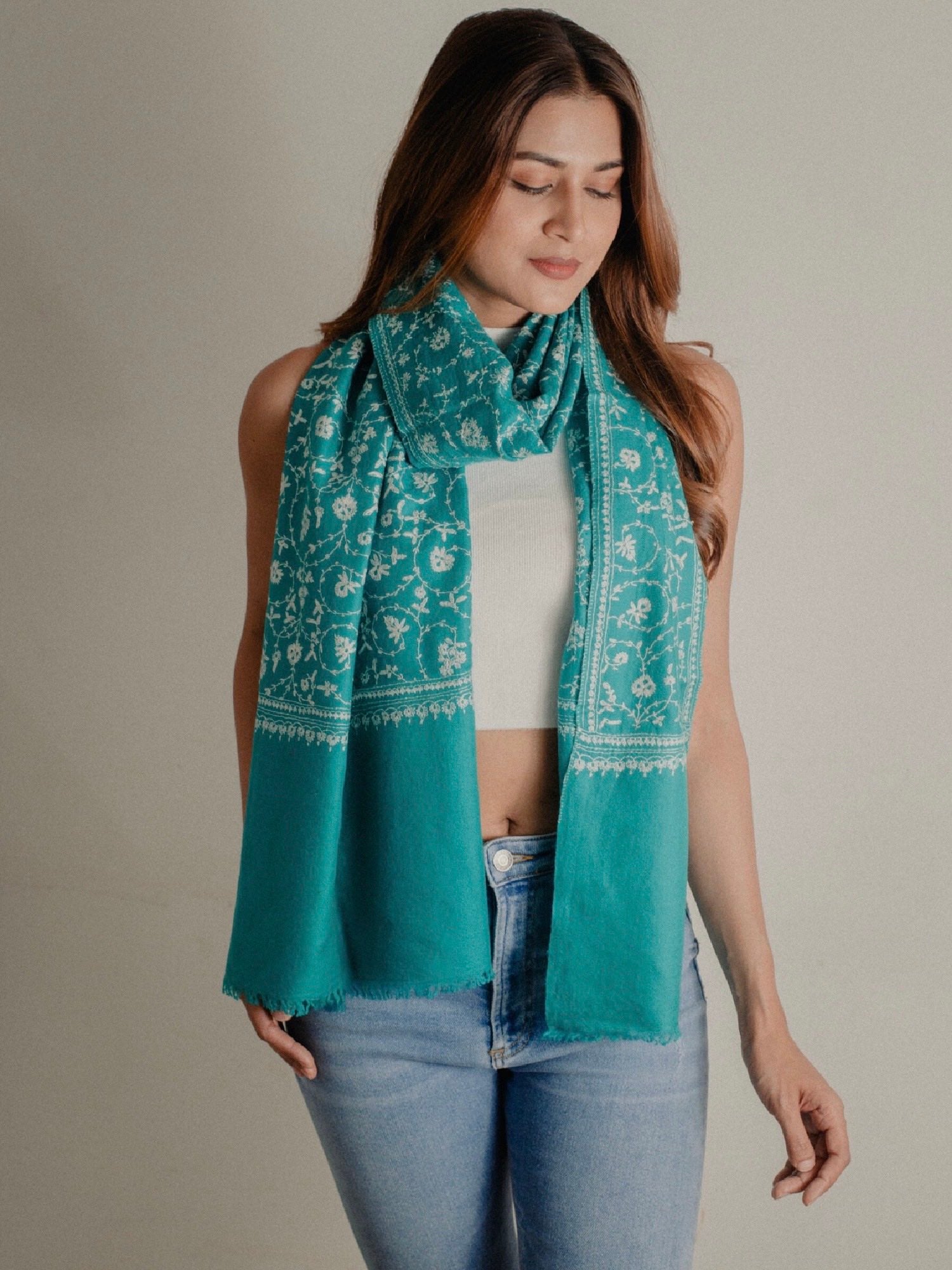 K&M Turquoise Sozni Pashmina stole
