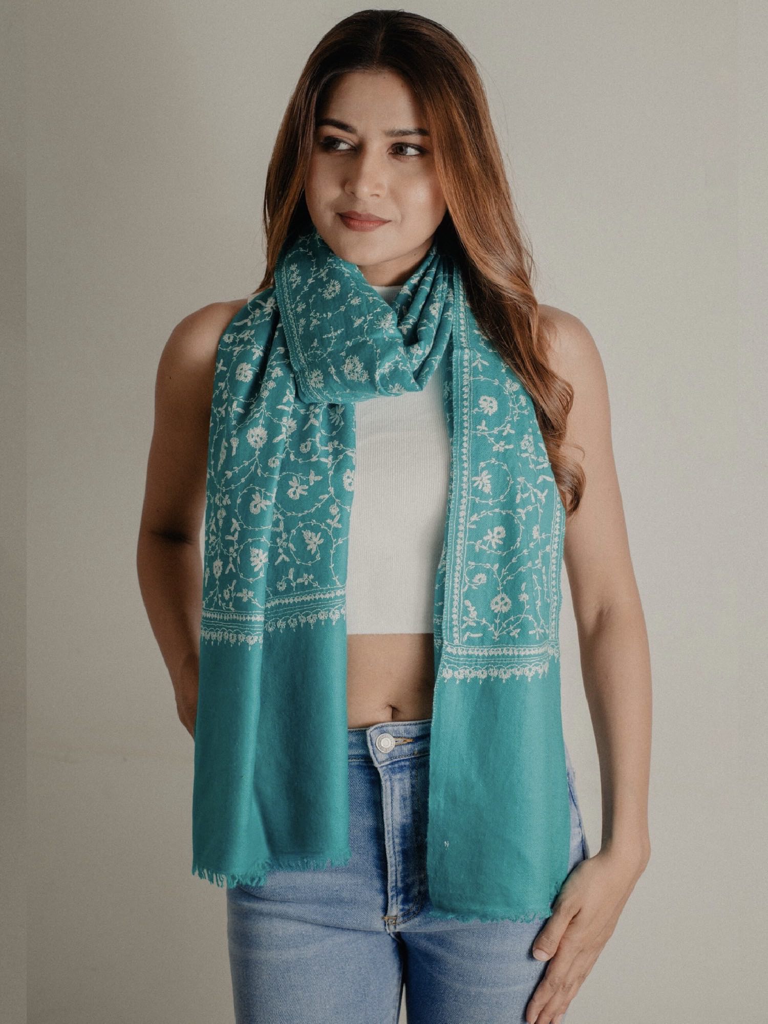 K&M Turquoise Sozni Pashmina stole