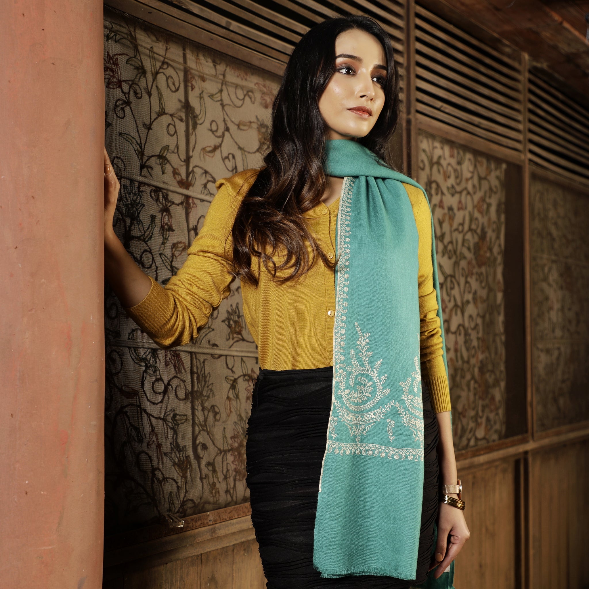 K&M Teal Sozni Pashmina Stole