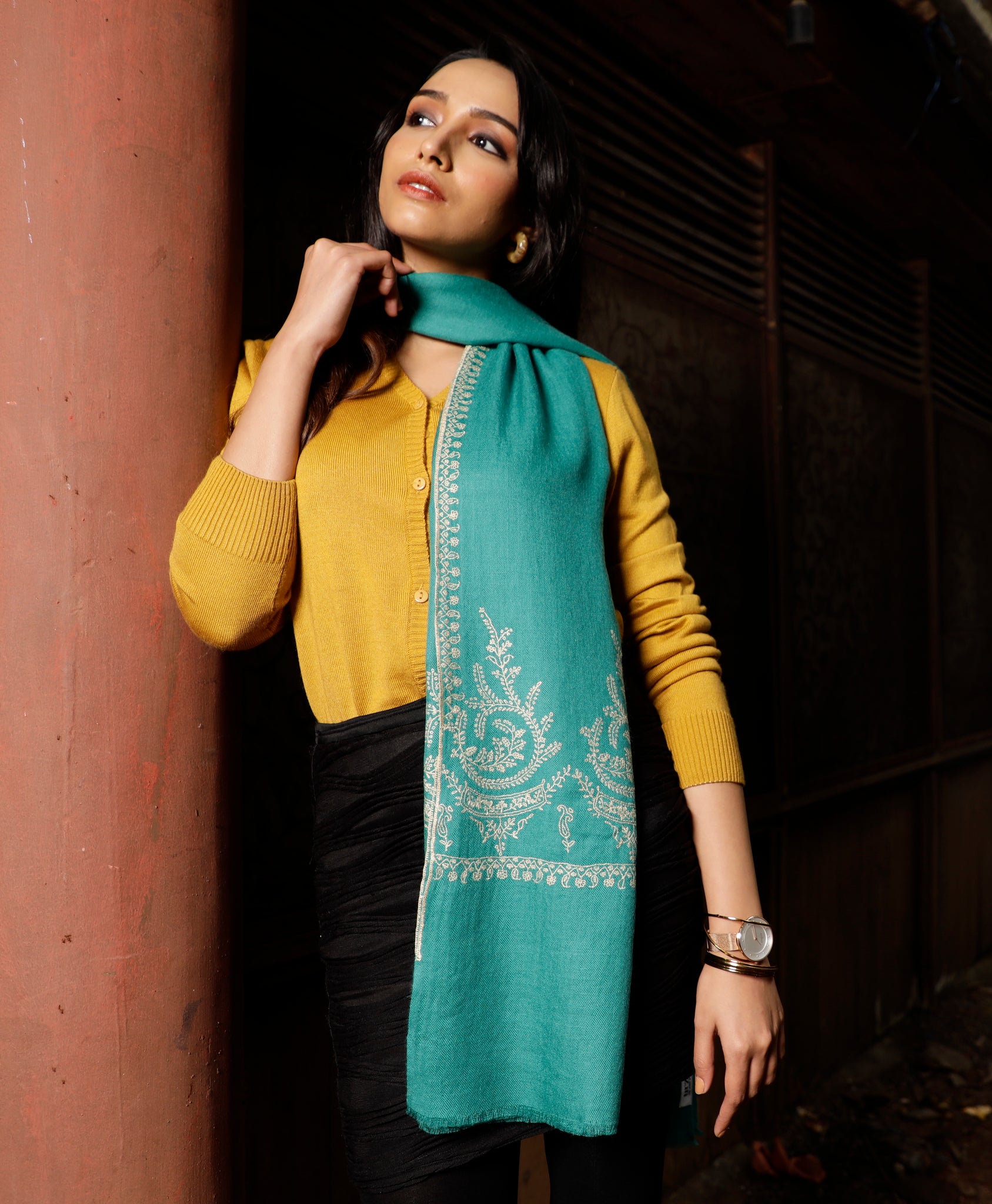K&M Teal Sozni Pashmina Stole