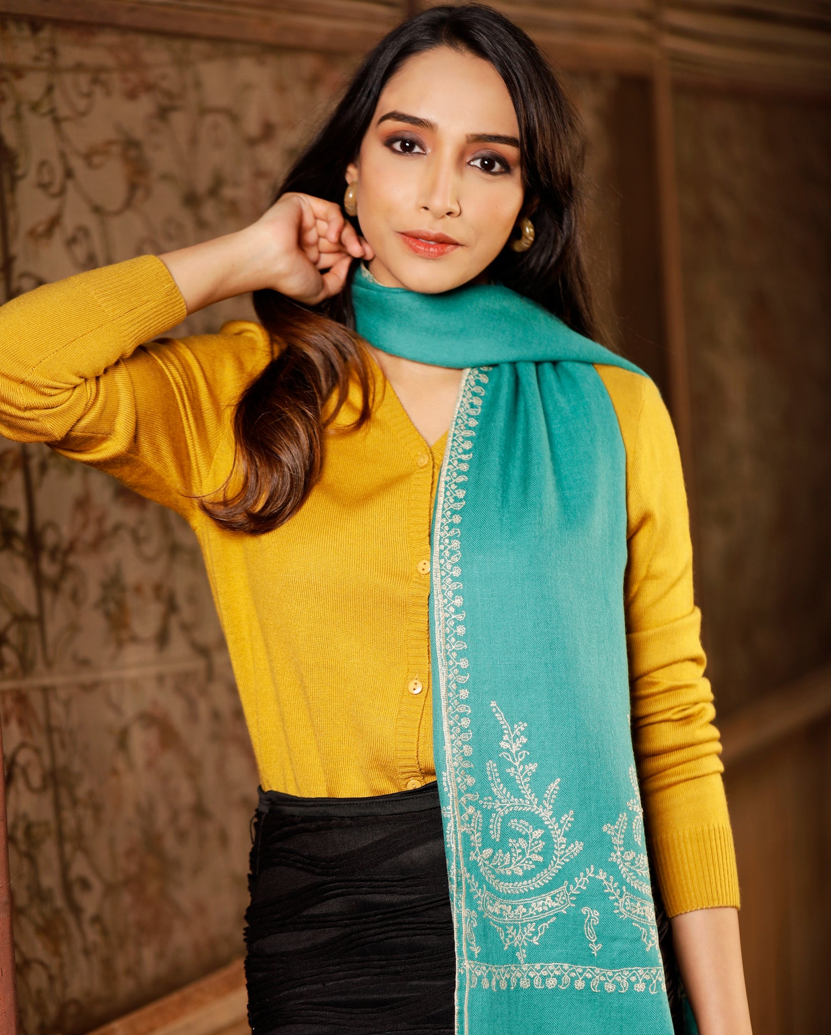 K&M Teal Sozni Pashmina Stole